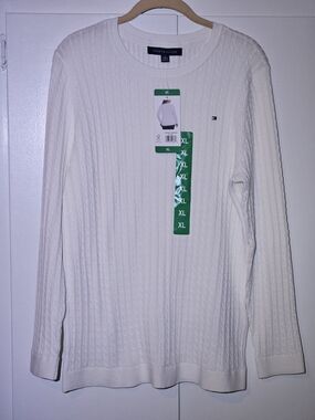 Tommy Hilfiger Women's White Cable-Knit Crewneck Sweater-NWT-(XL) w/FREE Gift